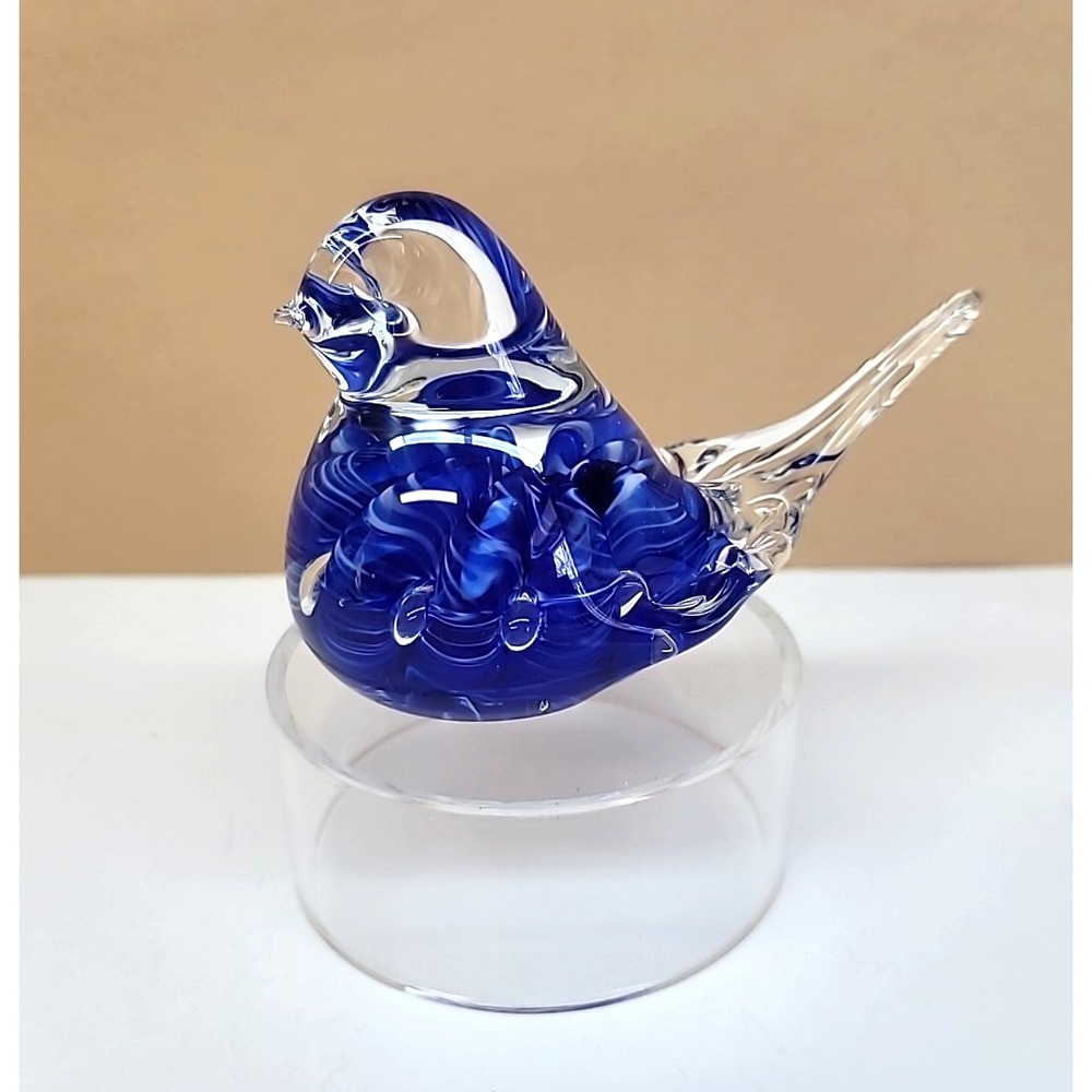 Joe Rice Blue And White Bird Glass Ribbon Controlled Bubbles Paperweight Signed
